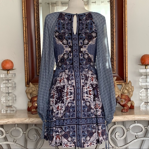 FREE PEOPLE Print Dress Boho Sheer Long Sleeves - Picture 8 of 12